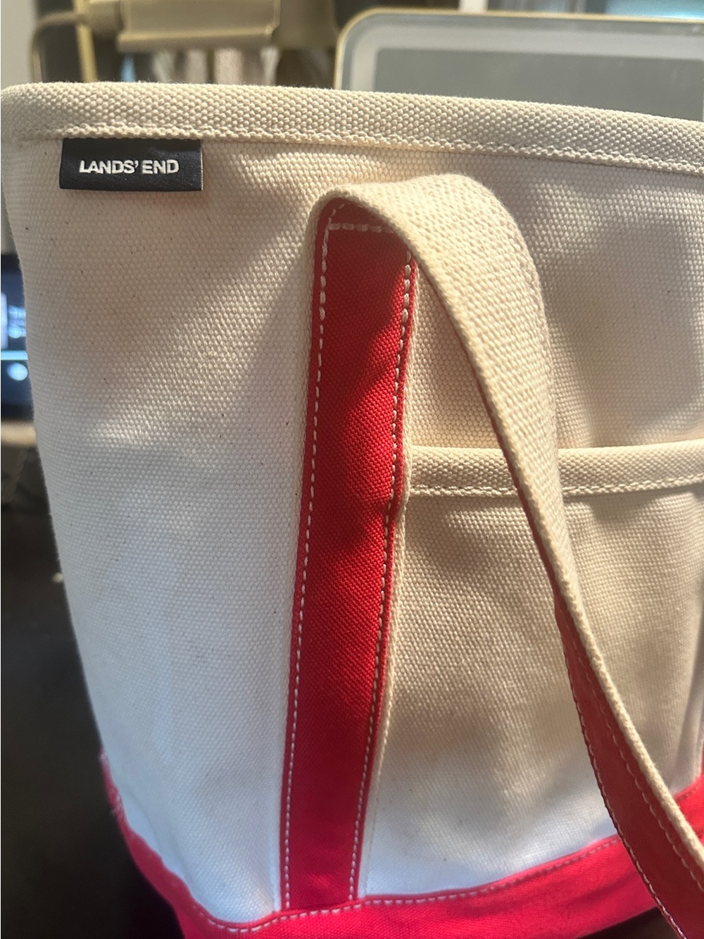 Lands' End Red and White Canvas Tote with Embroidered Logo
